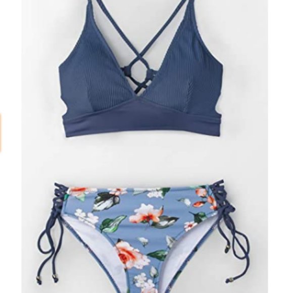 Floral Print Lace Up V Neck Two Piece Bathing Suit - Picture 4 of 5